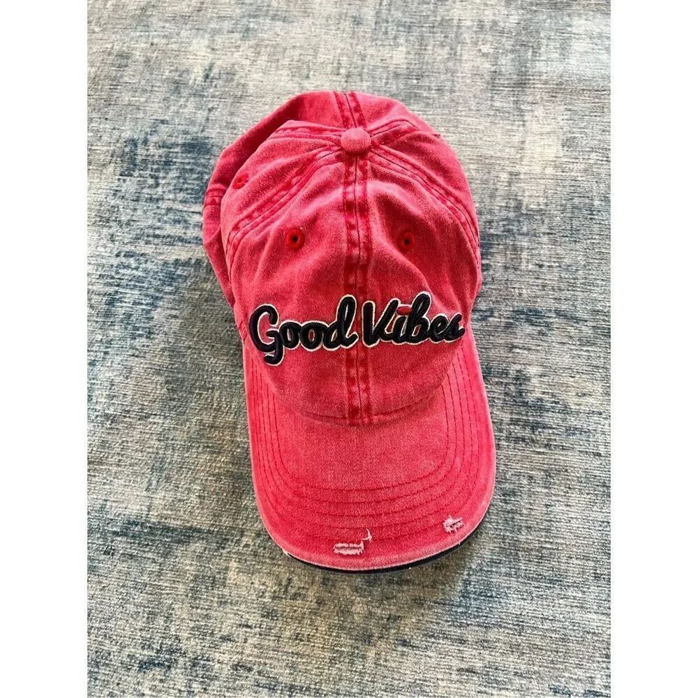 Good Vibes Distressed Faded Red Adjustable Baseball Hat